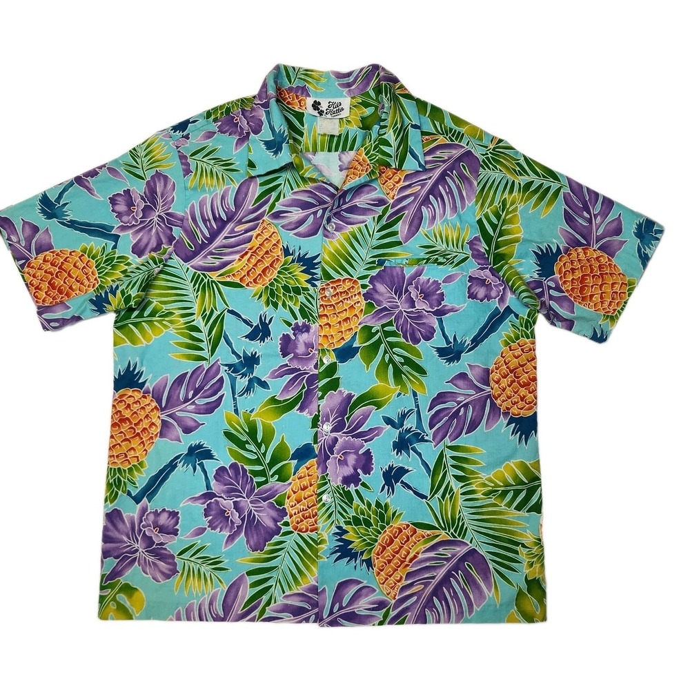 Hilo Hattie Hawaii Aloha Shirt Mens 2XL Blue Pineapple Hibiscus Floral Made USA